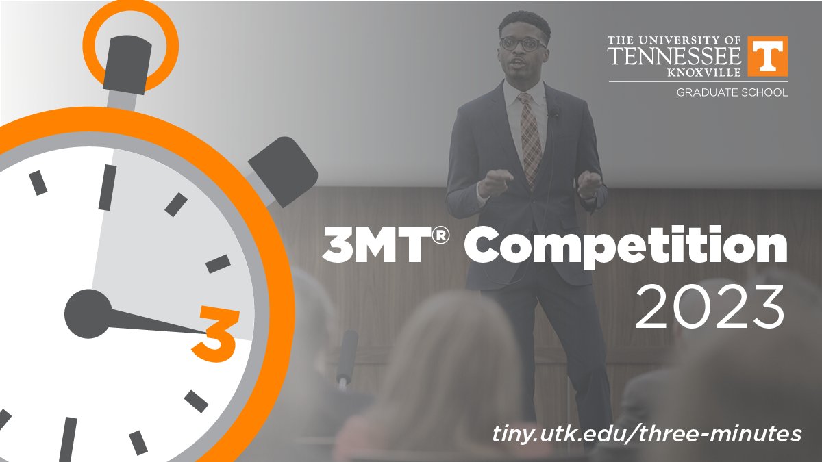 UTKGradSchool's tweet photo. 3 minutes & 1 slide to explain your research? There's a competition for that! We’re bringing our Three Minute Thesis (3MT) competition back to in-person this spring! Learn more about this research communication challenge & how to participate: https://t.co/3Dtii1Fufn.
#GPSPD #3MT https://t.co/7nC8NgJJTD