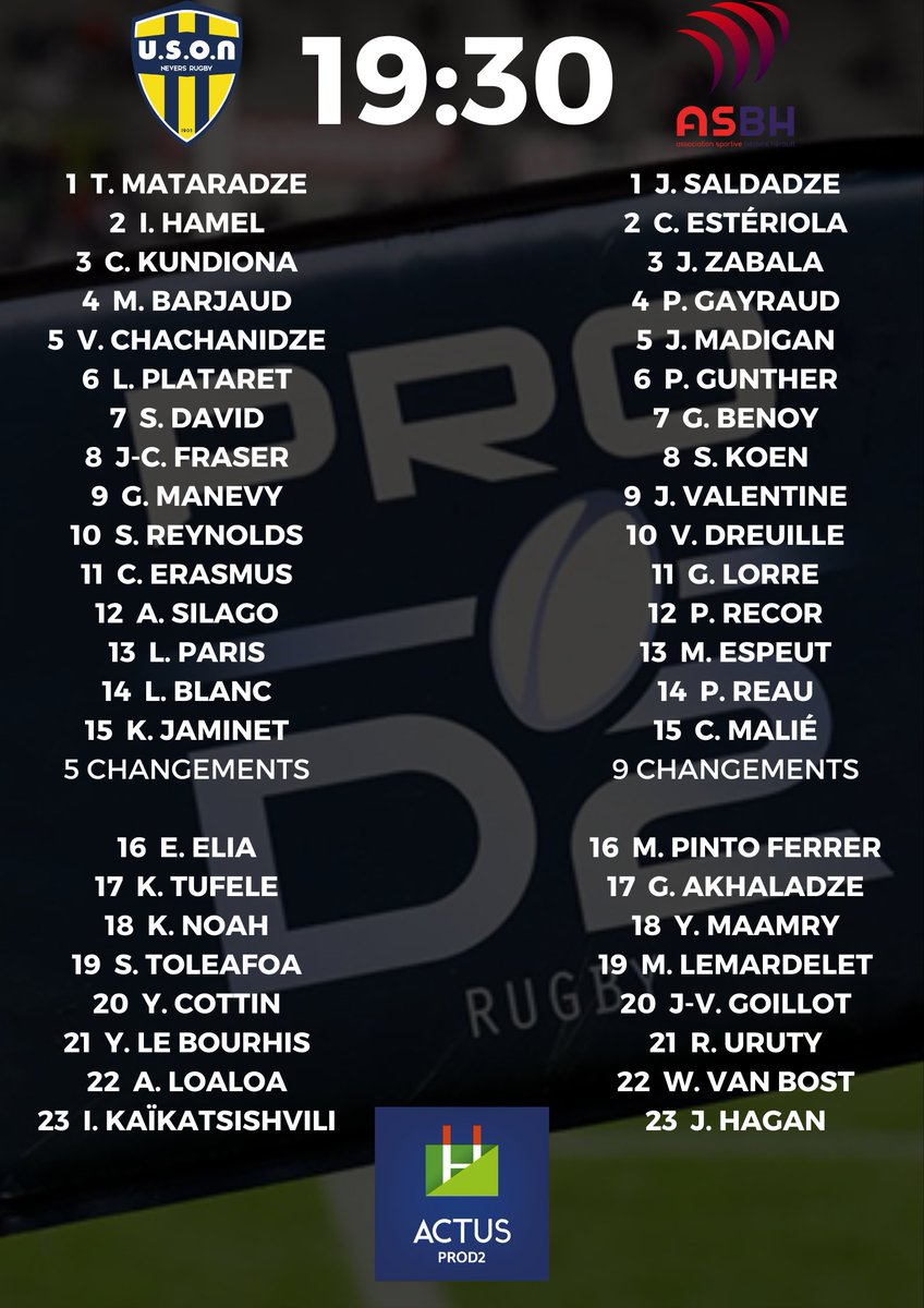 ActusProD2's tweet photo. #ProD2 - Les compositions pour les sept rencontres du vendredi soir !
▪ @SArugbyofficiel 🆚 @ColomiersRugby #SACR
▪ @agen_rugby 🆚 @RCME91 #SUARCME
▪ @usonneversrugby 🆚 @ASBHOfficiel #USONASBH
▪ @ProvenceRugby 🆚 @USCXV #PRUSC https://t.co/3kGZdPcjHX