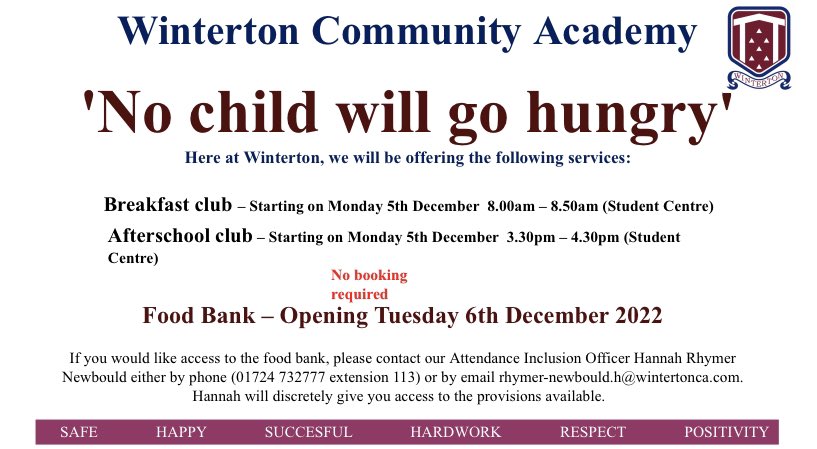 ‘No child will go hungry’ - Breakfast and after school clubs will be starting next week to support our students.