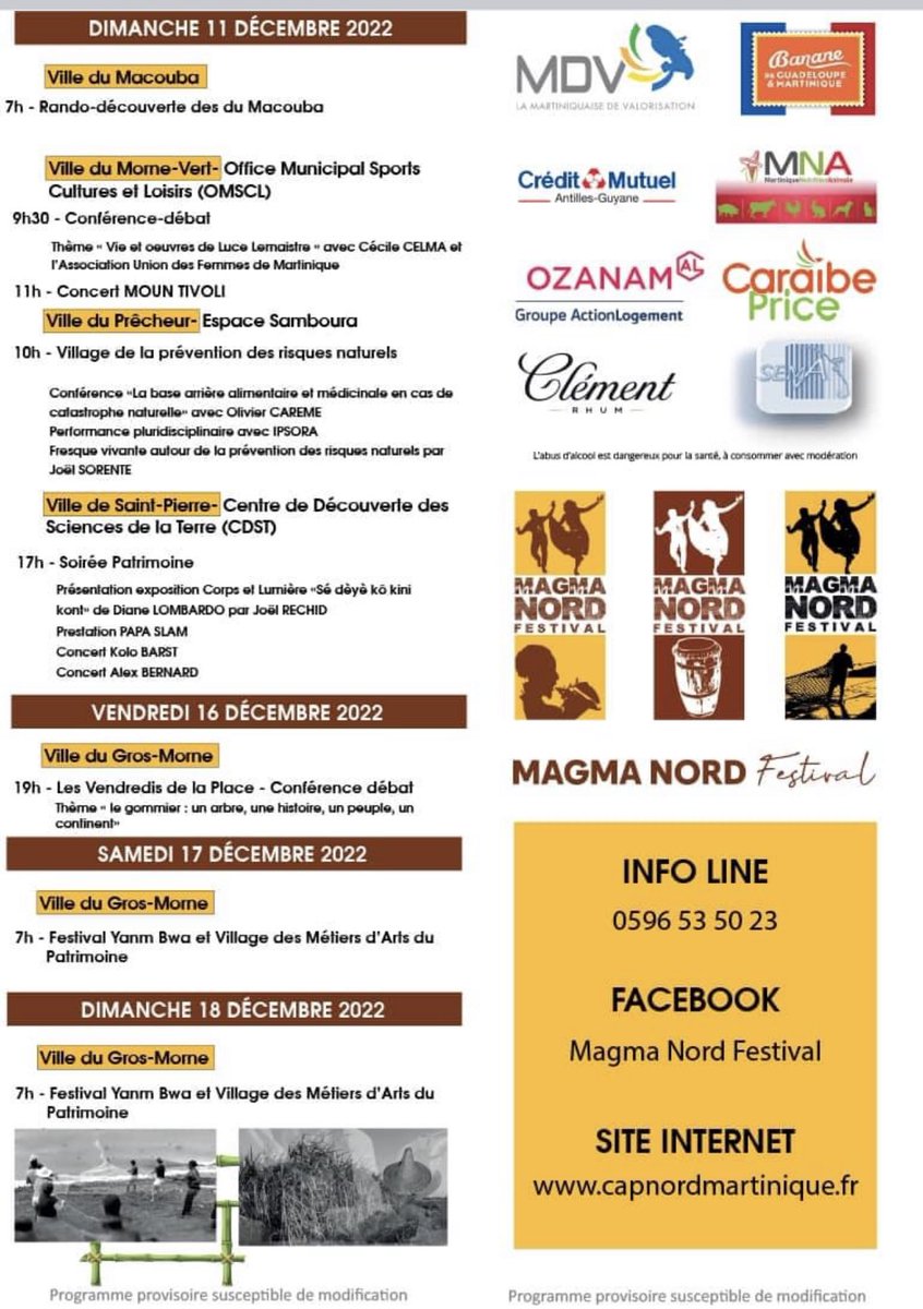 #FESTIVAL Le " Magma Nord Festival " se dévoile
14 jours de festivités sur les 18 communes du territoire. Du 05 au 18 décembre CAP Nord Martinique et l’Office du Tourisme Communautaire Nord Martinique organisent la 1ère édition du « Magma Nord Festival »
Retrouvez le programme 👇🏿