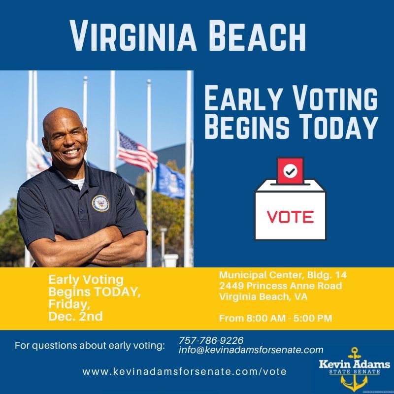 kevinadamsva's tweet photo. 🚨Virginia Beach - Polls are OPEN!🚨

Polls are open for early voting in the special election for Senate District 7 TODAY from 8 AM to 5 PM at Municipal Center, Bldg. 14 - 2449 Princess Anne Road, Virginia Beach, VA.

Get out and make your voice heard! 🗳️ #VoteAdams https://t.co/baDCaRggdH