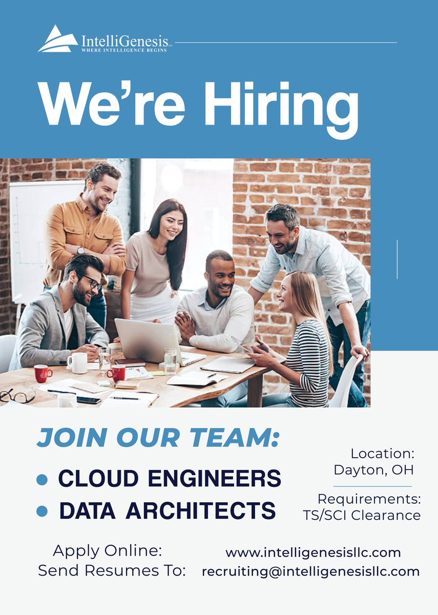 IntelliGenesis's tweet image. IntelliGenesis LLC is seeking #dataarchitects and #cloudengineers in Dayton, OH to join our award winning team!

For more information or to submit your resume online, visit intelligenesisllc.com/ig-careers

#wearehiring #careers #developers #engineering #smallbusiness #ohio