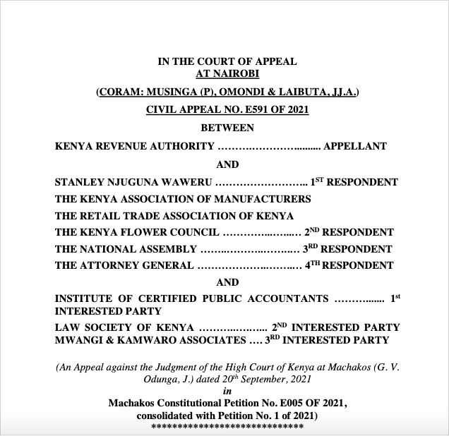 AmbokoJH's tweet photo. Death knell to Minimum Tax: 

Court of appeal deals a blow to Kenya Revenue Authority, throws out appeal challenging Justice Odunga's September 2021 ruling which suspended Minimum Tax. Minimum tax sought to tax even loss making companies at 1.0% of gross turnover https://t.co/wyoTAXGLQB