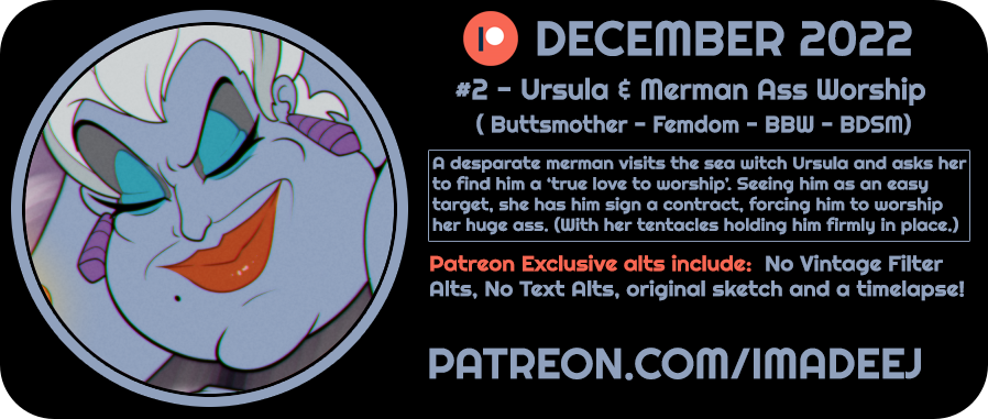 ImaDeeJ's tweet photo. The second of December's Patreon Reward Images is live for $2+ Patrons!
A merman signs a contract with Ursula, "legally binding" him to worshipping her fat ass.🍑
Patrons also have exclusive textless/filterless alts, the original sketch and a timelapse!
https://t.co/bXKKOKIXsM https://t.co/SRIeKReO7d