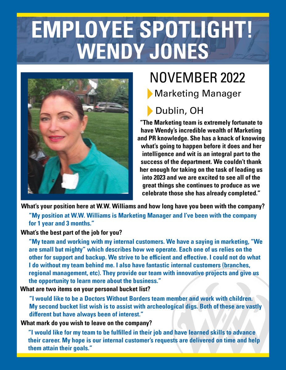 Our November Employee Spotlight focused on Wendy Jones, who was recently promoted to Marketing Manager. Thank you for your hard work and dedication to W.W. Williams!