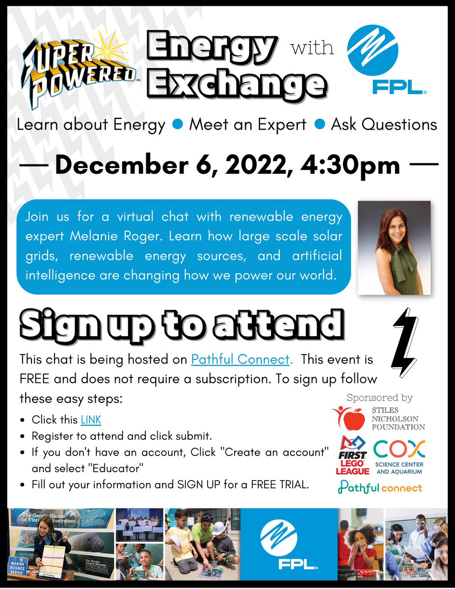 Join us for an Energy Exchange Chat on 12/6/22.  Learn about solar grids, renewable energy and artificial intelligence.  ENERGIZE your projects by asking an EXPERT! Sign up at Pathful pbcstem.nepris.com/app/industry-c…