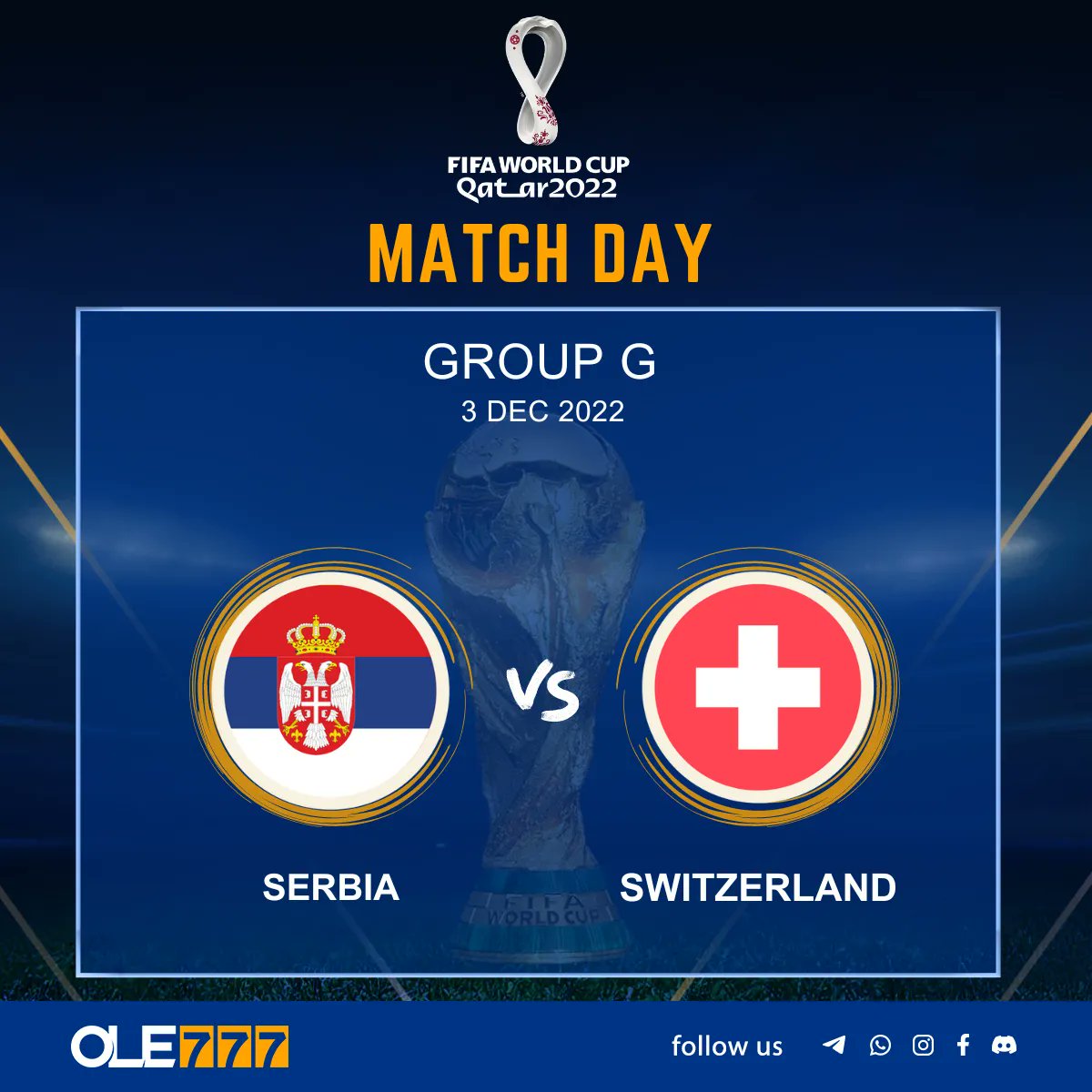 OLE777_Official's tweet photo. FIFA World Cup 2022 Qatar Match Fixtures! 

3 Matches!

2 From Group H - And The First Match Of The Round Of 16. ⚽️ 

Serbia Vs. Switzerland
Cameroon Vs. Brazil
Netherlands Vs. United States

#OLE777 | #FIFAWorldCup | #Qatar2022 https://t.co/1KkusEYYRm