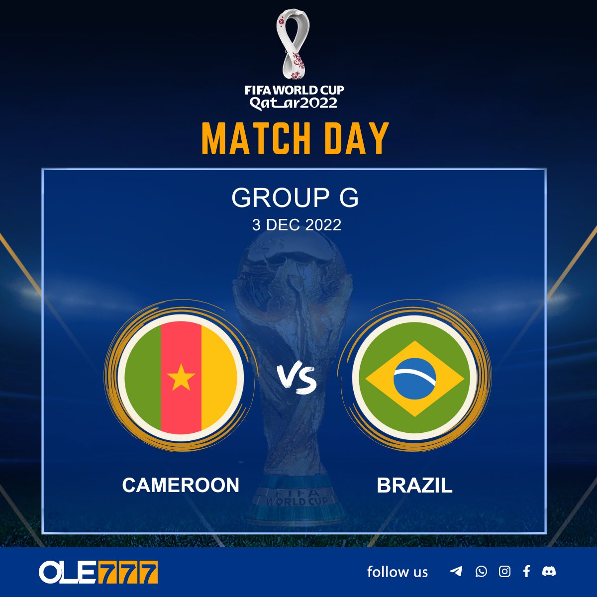 OLE777_Official's tweet photo. FIFA World Cup 2022 Qatar Match Fixtures! 

3 Matches!

2 From Group H - And The First Match Of The Round Of 16. ⚽️ 

Serbia Vs. Switzerland
Cameroon Vs. Brazil
Netherlands Vs. United States

#OLE777 | #FIFAWorldCup | #Qatar2022 https://t.co/1KkusEYYRm