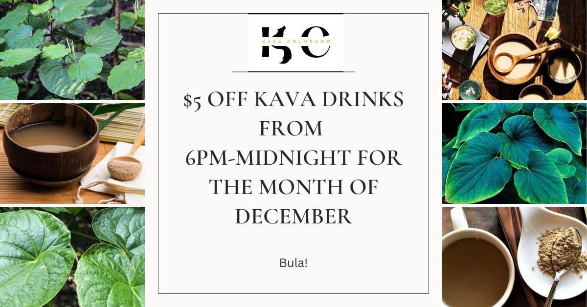 Holidays CAN be stressful, but they don't HAVE to be. Come enjoy $5 off your Kava purchase in the month of December if you come in between 6PM - Midnight! Bula!

 #kava #kavabar #kavatea #kavacommunity #soberbar #soberbarlife #relax #relaxation #holidays2022 #ColoradoSpringsKava