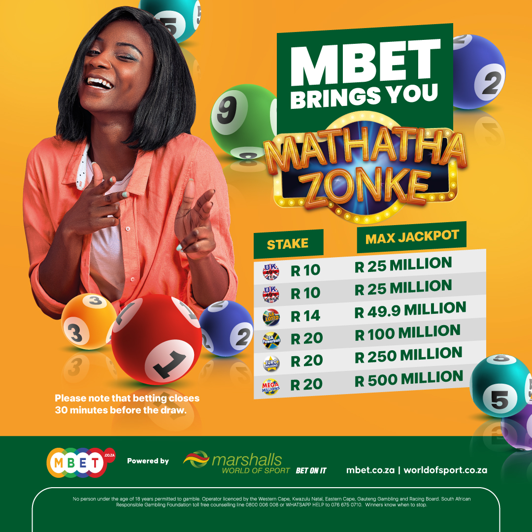 MBet_Bet_On_It's tweet photo. 💰Win BIG this Sunday with MATHATHA ZONKE!🎉
🤩Stand a chance to win up to R500 MILLION with various Lotto Jackpots!💰💰🥳
Play Here: https://t.co/FmZRdSIuNv
#MathathaZonke #Mbet https://t.co/4zYsj6Rwxb