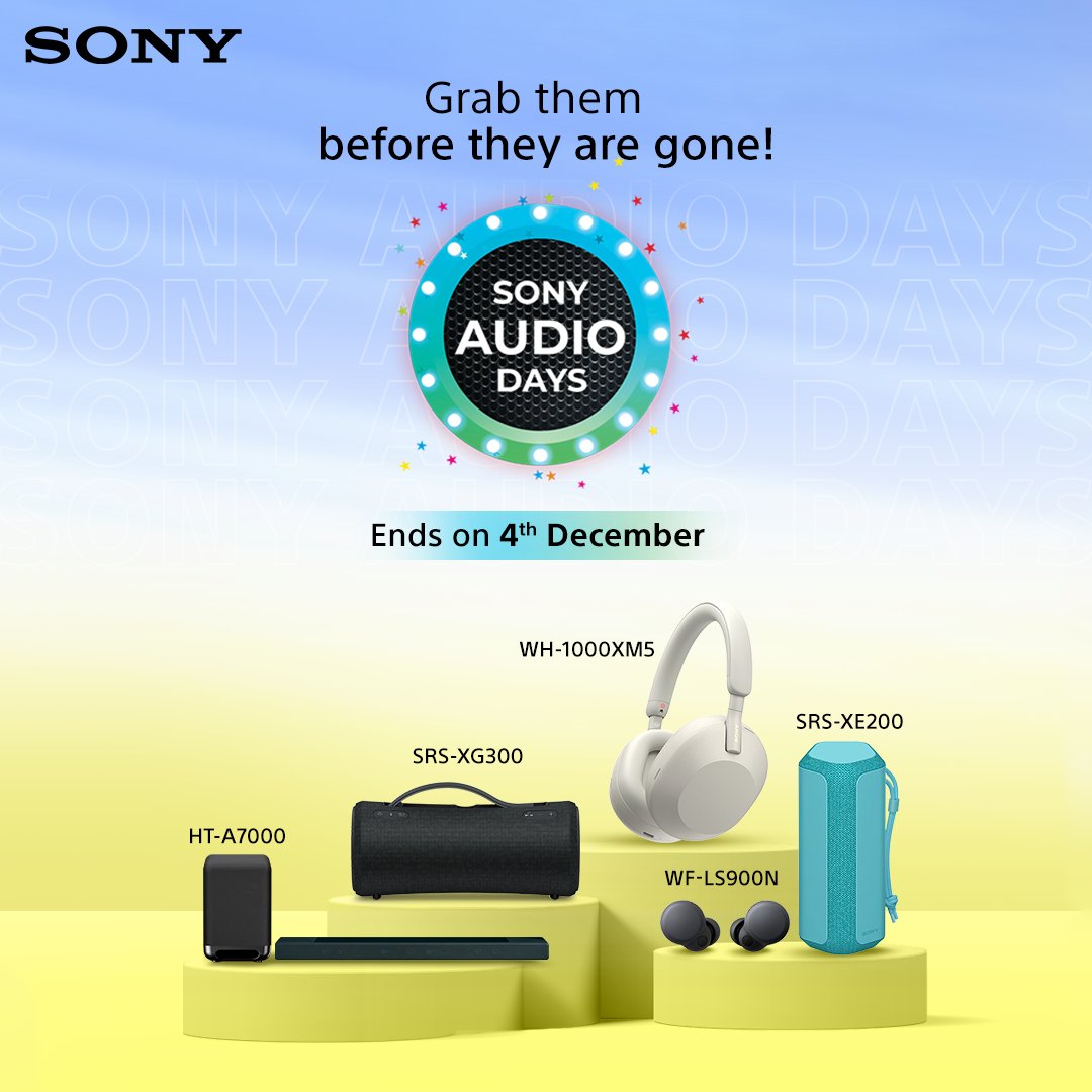 sony_india's tweet photo. The #SonyAudioDays offers are too good to skip! Have you picked the products you like? Hurry up and shop now, offers end on 4th December. 🏃🛒   ​

Personal Audio: https://t.co/XkXFSrf65Y
Speakers: https://t.co/hNRHABjQ8Y https://t.co/yBvfSuIdw5