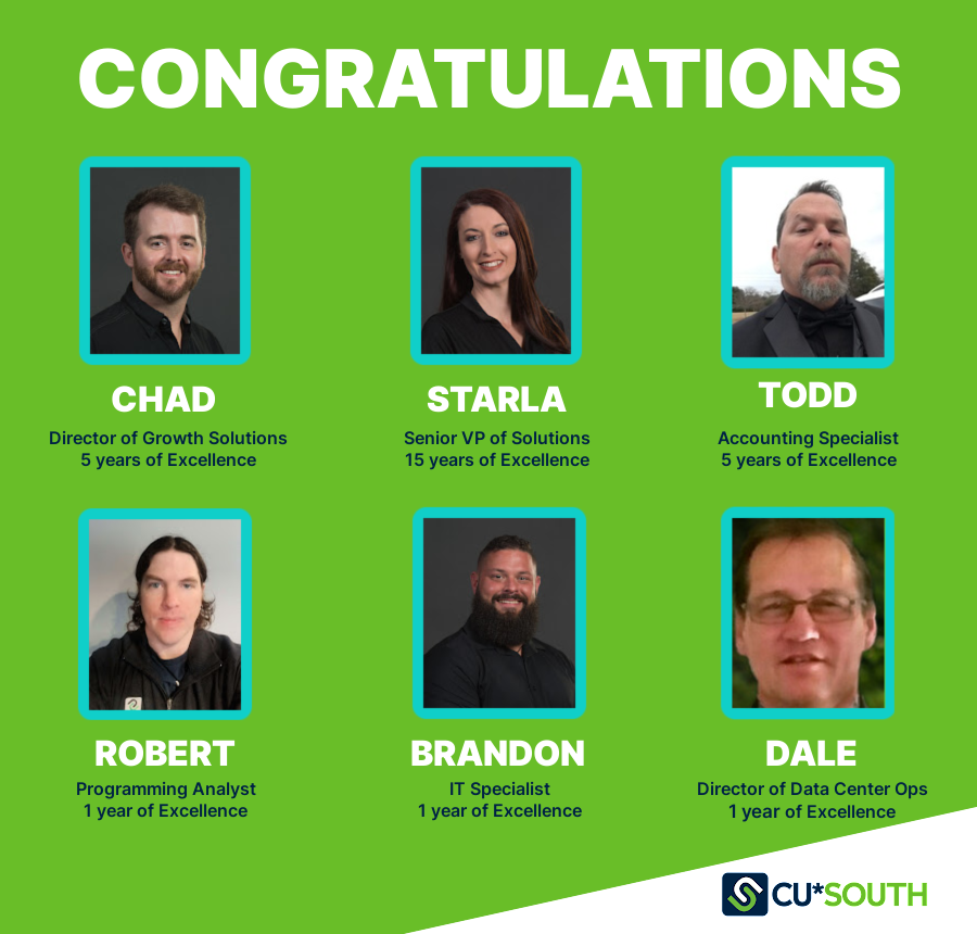 CUSOUTH's tweet photo. ✨ Happy #WorkAnniversary to Chad Stephens, Starla Honea, Todd Giles, Robert Redd, Brandon Wells, and Dale Hornby. CONGRATULATIONS, and THANK YOU for all that you do! It's an honor to have you as part of the CU*SOUTH family!
#EmployeeSpotlight #TeamCUSOUTH #ThisisHowWeGrow https://t.co/6kL60C3gAQ