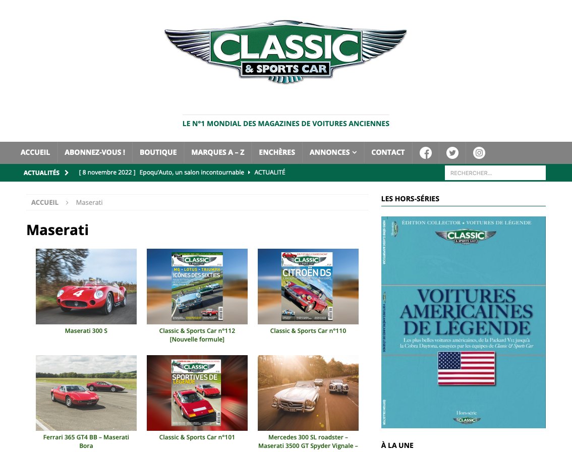 Le site de Classic &amp; Sports Car vous propose un index alphabétique des marques automobiles qui vous permet de retrouver un article consacré à votre constructeur ou modèle préféré :
classicandsportscar-magazine.fr/index/