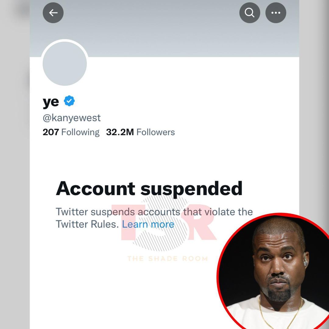 anthonyscountry's tweet photo. LORD JESUS.... HE TRULY CROSSED THE LINE AGAIN! 😫😫😫😫 #yikes #thisaintgood #cancelkanye
. . . . . . . . . . . . . . .
#repost @theshaderoom
Welp! Looks like #KanyeWest has been suspend from #Twitter…again. (📸: @gettyimages ) https://t.co/XU0VORdcjU