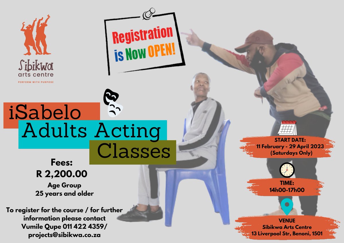 iSabelo Adult Classes are back for 2023.
Sibikwa Arts Centre invites you to register to attend a 12-week acting course facilitated by Sibusiso Mkhize (theatre maker, performer, voice artist, and musician) every Saturday from 11 February-29 April 2023 <a href="/2pm/">Two O'clock</a>-5pm. Fees: R2, 200.00