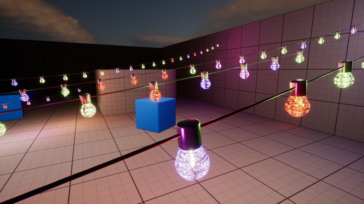 Chain of Christmas Lights tool I did as a test. It has random bulb's color/lights variations, cable tension,  imitation of the volumetric bubbles in material was done by reference with bumpdepth nodes

#madewithunreal #indie #techartist #techart #unrealengine