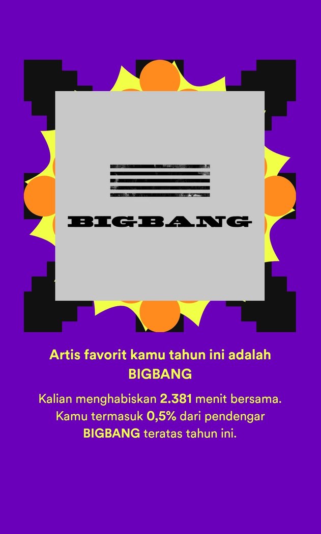 Terima kasih, BIGBANG, karena sudah menghabiskan 2.381 menit bersama saya di 2022. Saya tidak bisa berhenti mendengarkan Still Life. #SpotifyWrapped open.spotify.com/artist/4Kxlr1P…