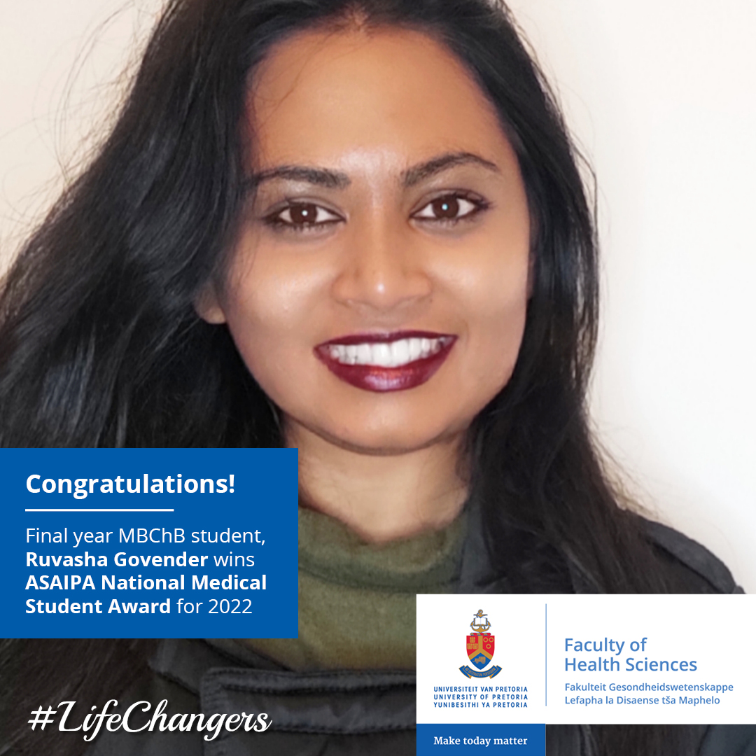 Faculty_HSUP's tweet photo. Congratulations to final-year medical student Ruvasha Govender, one of the two winners of the ASAIPA National Medical Student Award for 2022.

#Lifechangers #HSUP #uphealthsciences #thefinishlineisyours https://t.co/YRRKWcCrSv