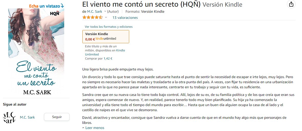 Sark_MC's tweet photo. No sé si es una oferta o es que han decidido bajarle el precio (me la acabo de encontrar así en Amazon), pero tenéis a 1,42€ mi novela El viento me contó un secreto.
Echadle un ojo y si os apetece... https://t.co/akhcmxZ93g