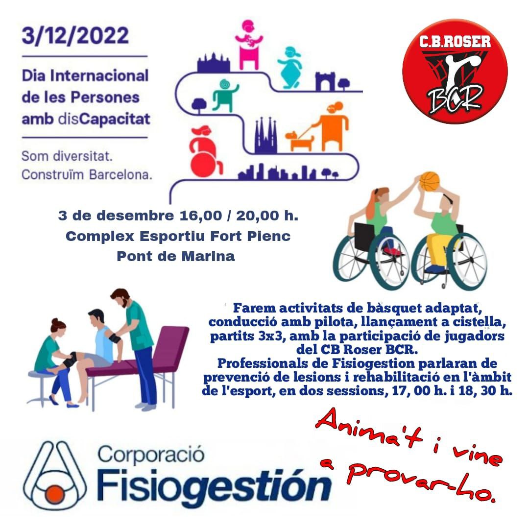 Bcn_Eixample's tweet image. Amb motiu del Dia Internacional de les Persones amb Discapacitat, #demà Bàsquet adaptat i fisioteràpia esportiva al Complex Esportiu Fort Pienc, pont de la Marina.🏀

Vine a participar-hi!
🕛16-20 h

#DIPD2022 #CorporacióFisiogestión @cbroser1933