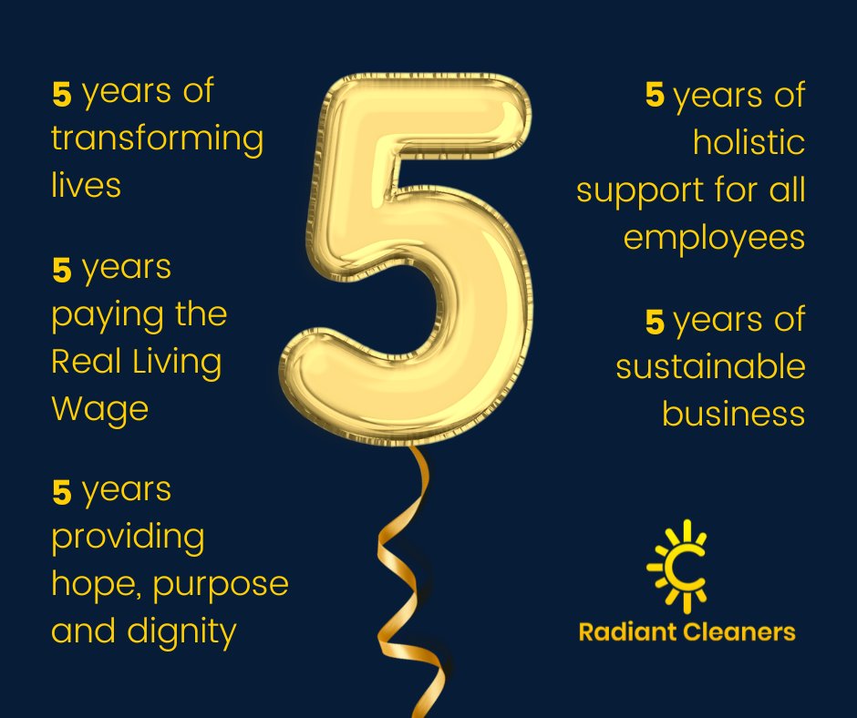 Radiant Cleaners has always been part of <a href="/SocialEnt_UK/">Social Enterprise UK</a> and the <a href="/LivingWageUK/">Living Wage Foundation</a>, creating jobs for people who need a second chance and supportive employment.

Huge thanks to all our customers and supporters for being part of this adventure.

2/2
