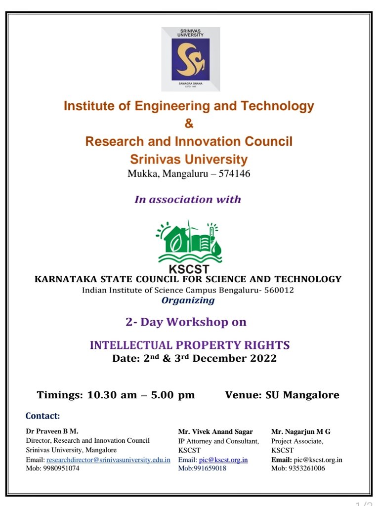 SUIET_Mukka's tweet photo. 2 Days Workshop on Intellectual Property Rights (IPR) was inaugurated today at #SrinivasUniversity College of Engineering & Technology #Mukka #Mangaluru. Students actively participated in this very important Workshop organized in association with #KSCST.
#IPR #TradeMark @KscstS https://t.co/0WMe32Nmq4
