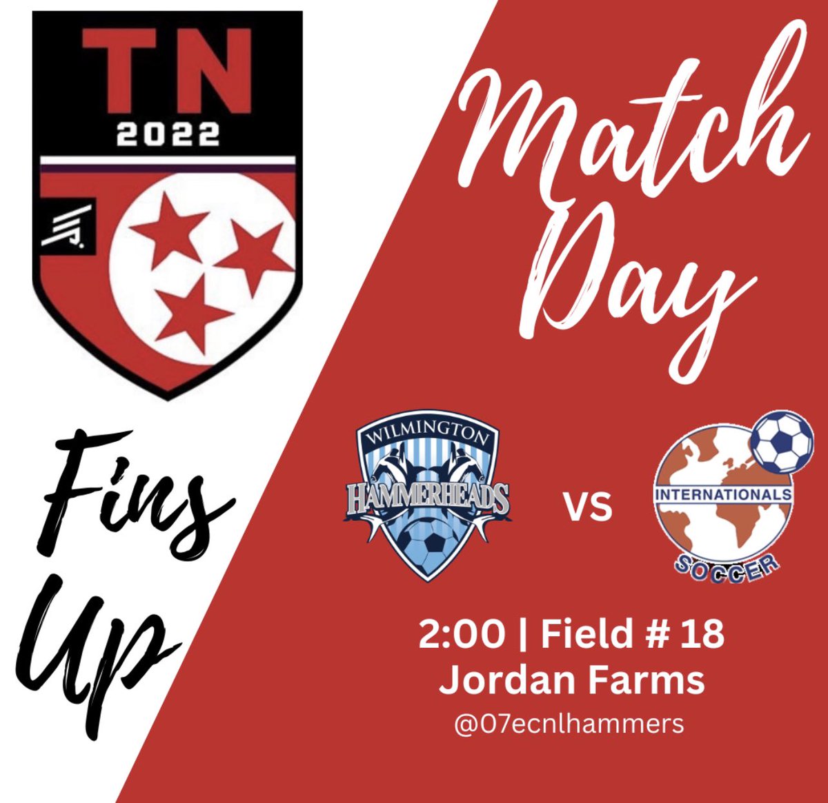 ECNL Tennessee Day 1️⃣ #ECNLTN Wilmington Hammerheads Vs Internationals SC 
📅 Sat 12/2 ⏰ 2:00 pm 📍 Jordan Farms Field 18. <a href="/TheSoccerWire/">SoccerWire</a> <a href="/TopDrawerSoccer/">TopDrawerSoccer</a> <a href="/whhyouth/">Wilmington Hammerheads</a> <a href="/PrepSoccer/">Prep Soccer ⚽️</a> <a href="/ImCollegeSoccer/">College Soccer Truth ™</a> <a href="/ImYouthSoccer/">ECNL/GA/Recruiting/College Soccer</a> <a href="/ECNLgirls/">ECNL Girls</a>