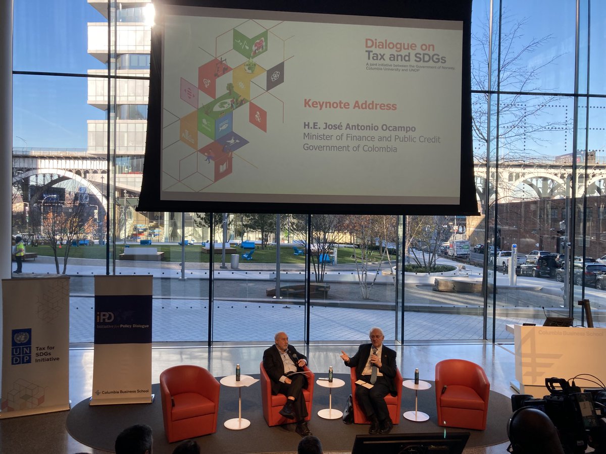 H.E. Jose Antonio Ocampo, Minister of Finance  in Colombia engaging in a discussion with Prof. Stiglitz after delivering the key note address on the third day of the Dialogue on Tax and SDGs. #sdg ⁦@INFFplatform⁩ ⁦<a href="/SDGoals/">SDGoals</a>⁩ #taxforsdgs