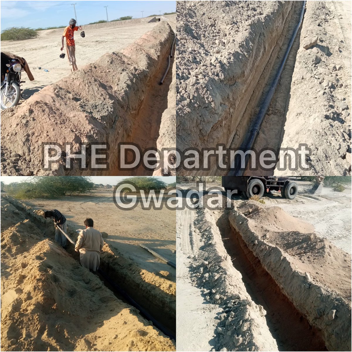 Upon instructions of XEN Shakeel Ahmed Baloch, under supervision of SDO Jiwani Shahab Baloch, laying of 3200 rft 3 inch dia Upvc pipe line to DER Bazar Community Tank of Sub-Division Jiwani is in progress.
PHE is facilitating residents at best within available resources.