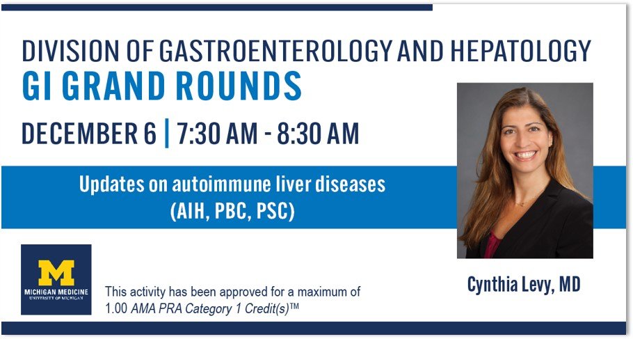 Autoimmune liver dz are interesting.
More importantly, we need better treatments.

Join @BloomPringle host @DrCynthiaLevy at the next @UMichGIHep #GIGrandRounds

When: Tuesday, Dec 6th, 730-830 AM EST
Who: All
How: umich.zoom.us/j/95985986441?…