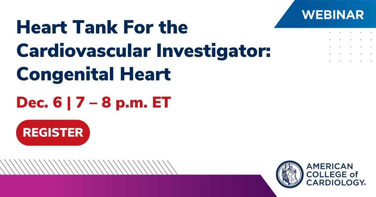 Don't miss the next #ACCAcademic Heart Tank Webinar on Congenital Heart - Register Today!

acc.org/Education-and-…