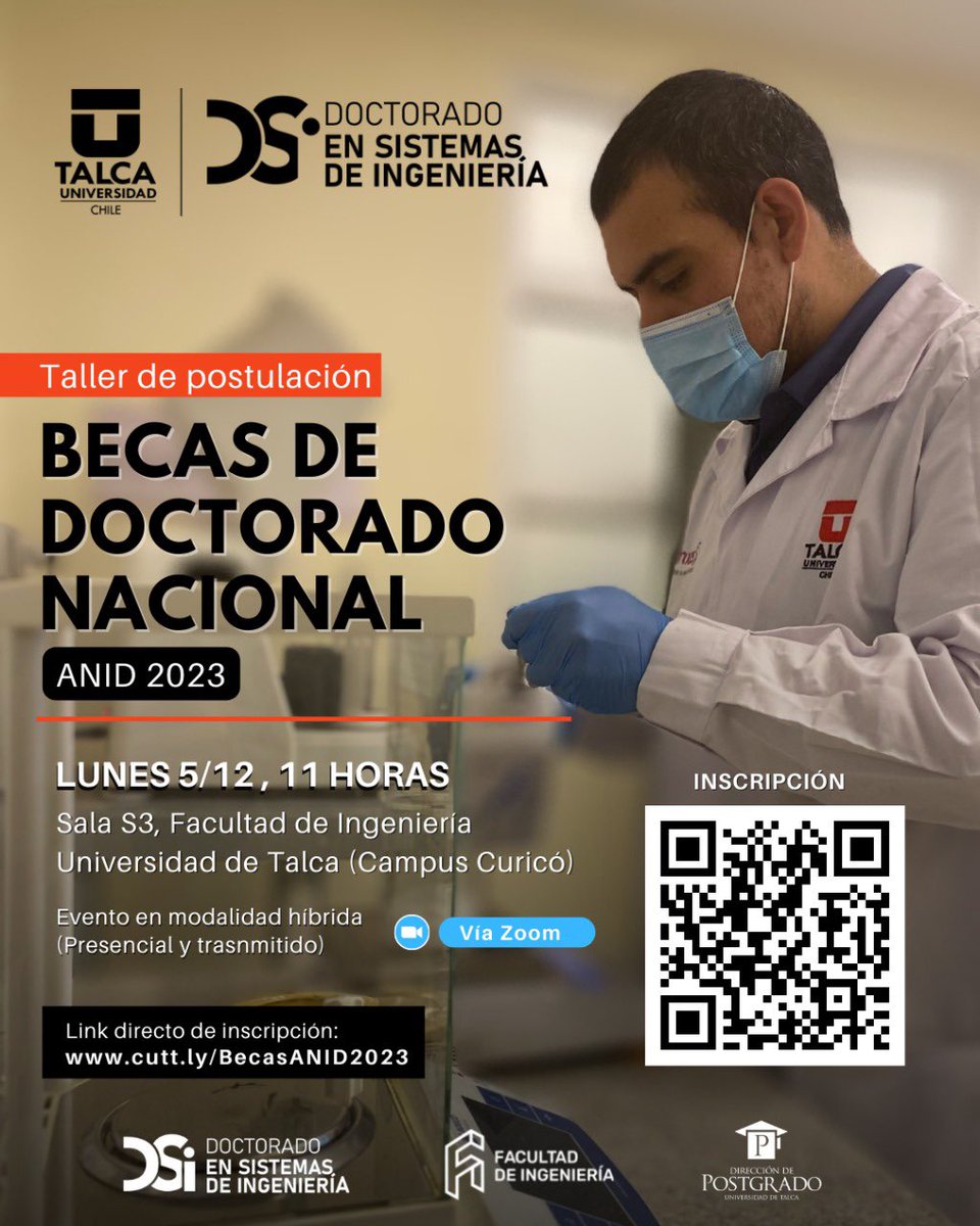 #INVITACIÓN ⤵️

Se invita a participar del Taller de #Postulación a las #BecasANID2023.

Esta actividad está abierta a estudiantes y postulantes <a href="/dsiutalca/">Doctorado en Sistemas de Ingeniería</a> y del #DoctoradoEnIngeniería de <a href="/MacroFacultad/">MacroFacultad 2030</a> 

Inscripciones 👇
cutt.ly/BecasANID2023

#Postgrado 
#UTalca 
#UBB 
#UFRO