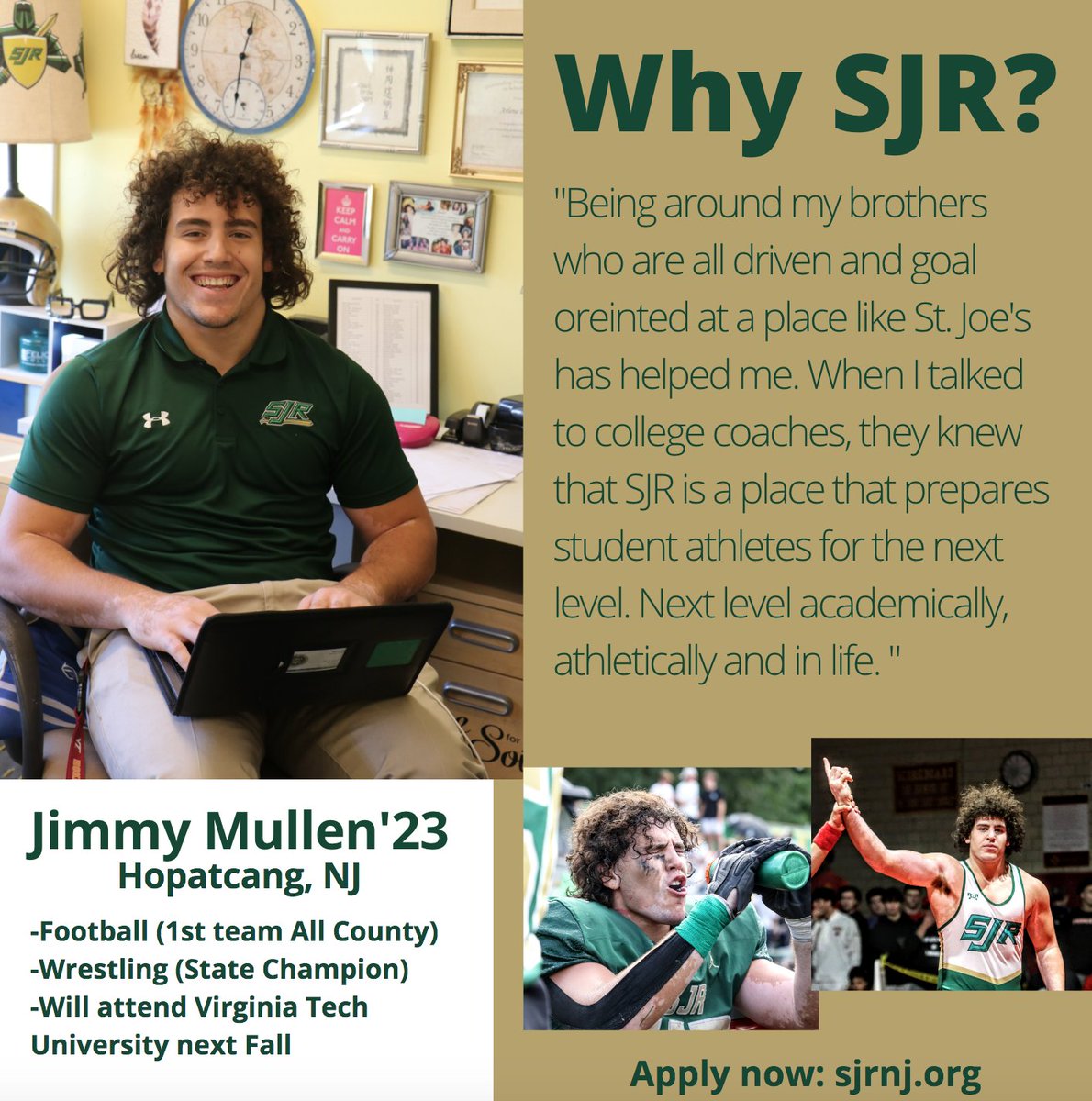 SJRHighSchool's tweet photo. Jimmy Mullen '23 was one of the most highly sought-after athletic recruits in the country. St. Joe's has prepared him for what's ahead at the "next level".

Apply now: https://t.co/Fz0IJmUh6j

#SJRClassof27 #GreenKnights https://t.co/JJbBwiqzGs