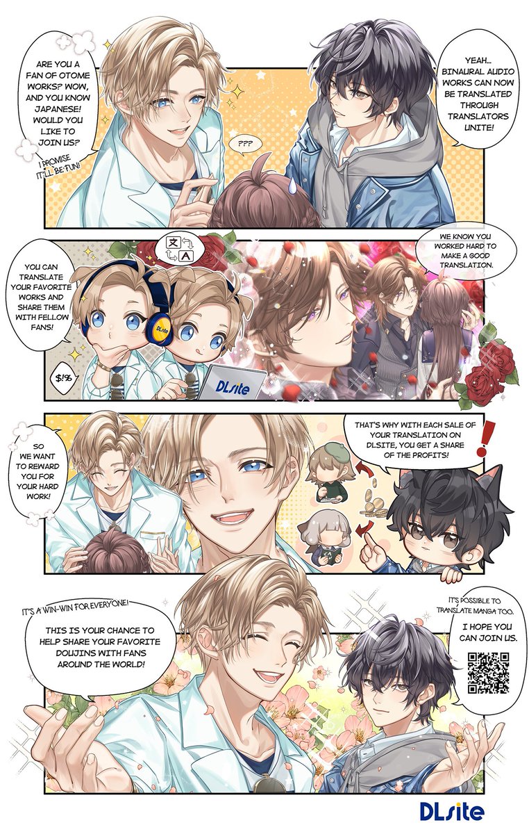 I am honored to be the artist who did 4koma for Translators Unite of DLsite- one of the largest digital publishers of 2D creative content in Japan.
4koma also has different language versions. 

You can follow:
EN: @garumani_otome
KR: @Dlsite_GirlsKR
CN (CHS/CHT): @DLsite_Garu_zh 