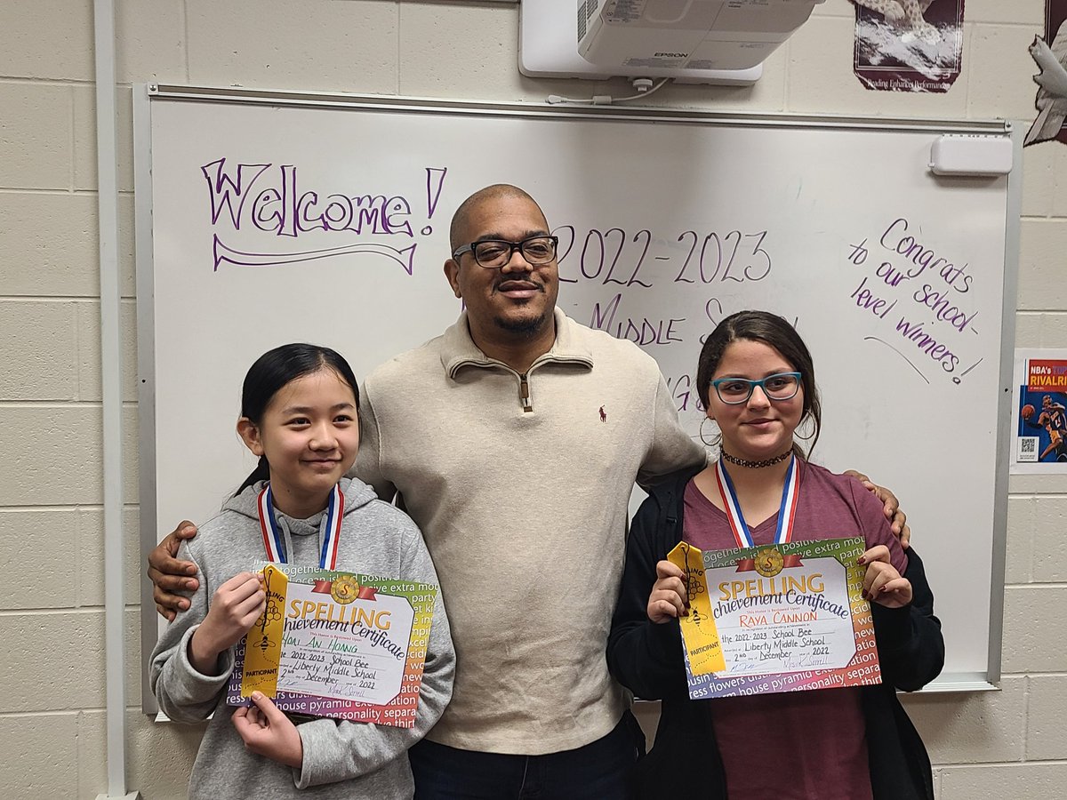 Congratulations to our Spelling Bee Champion, An Hoang, and our runner up, Raya Cannon! <a href="/LibertyMiddleNC/">Liberty Middle School</a> @APSorrell <a href="/MsLCurtiss/">L Curtiss</a> #Knightsride #ncssbethebest