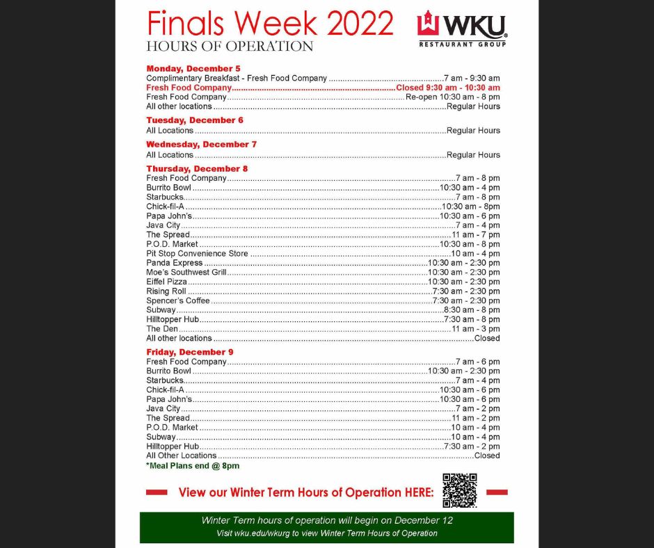 wkurg's tweet photo. It's Friday, Hilltoppers! You made it! Make sure to check out the upcoming restaurant and library hours for Finals week! #wku #westernkentuckyuniversity #kentucky #college #campus #university #wkurg #restaurantgroup #bigred #toppers #hilltoppers https://t.co/B9kDbrJbjX