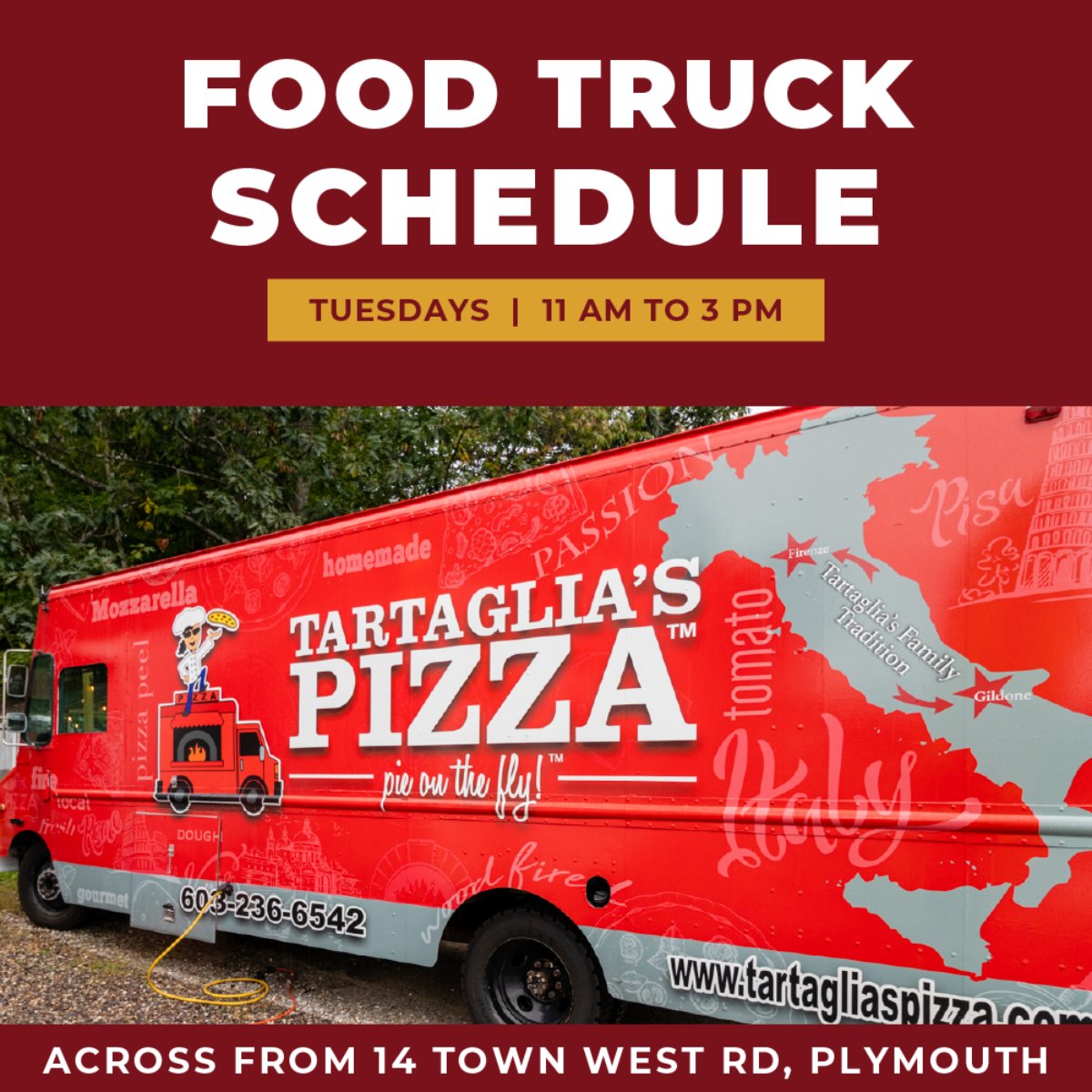 Treat yourself on Tuesdays to your favorite dishes from Tartaglia's! We will be across the street from 14 Town West Rd, Plymouth, near the Nucar Plymouth. Come on by Tuesdays from 11 AM and 3 PM.   #TartagliasPizza #ArtisanalPizza #BrickovenPizza #CamptonNH #catering