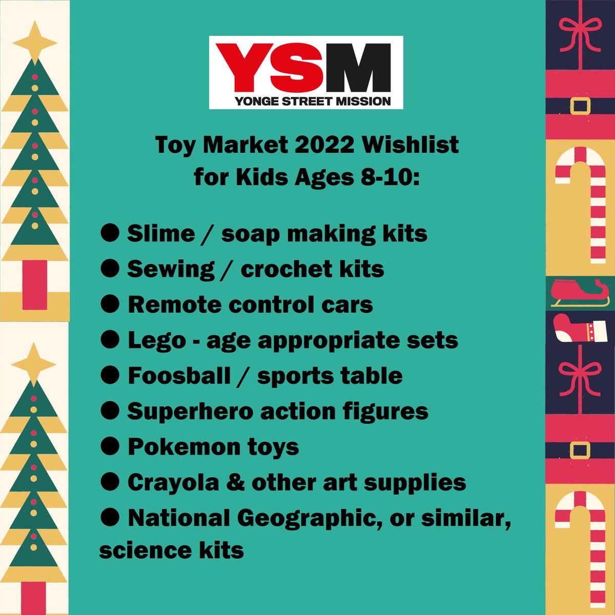 December has arrived which means our Toy Market is coming quickly, on Dec. 12-16.

This week we are showcasing toy ideas for ages 8-10. Learn more about how you can donate toys at the link below OR contact volunteer@ysm.ca to give of your time!

fal.cn/3u7ii