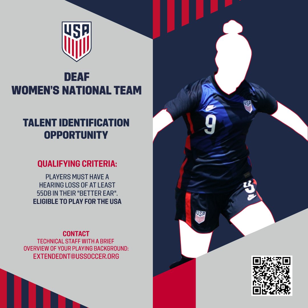The first-ever U.S. Women’s Deaf National Team Identification Camp is coming in 2023!

If you or someone you know is a soccer player with a qualifying condition, contact us for a chance to represent the USA &amp; play for the #USDWNT!

Use QR code or email to inquire.