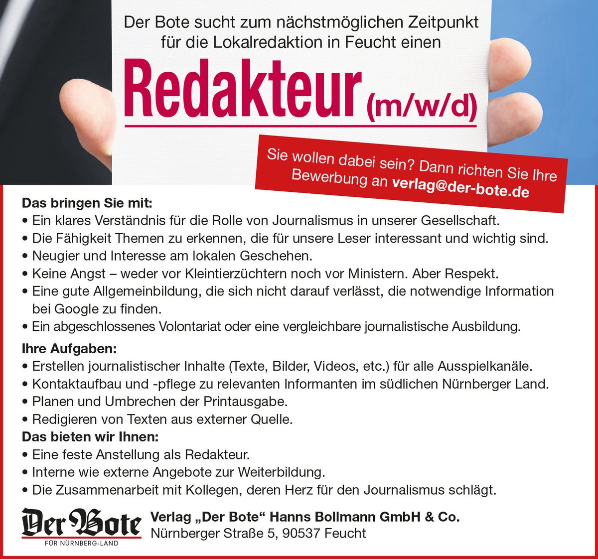 NdLBambergBartl's tweet photo. #DerBote sucht für die #Lokalredaktion in Feucht zum nächstmöglichen Zeitpunkt eine:n Redakteur:in und eine:n Volontär:in. https://t.co/w1mymtFfVC