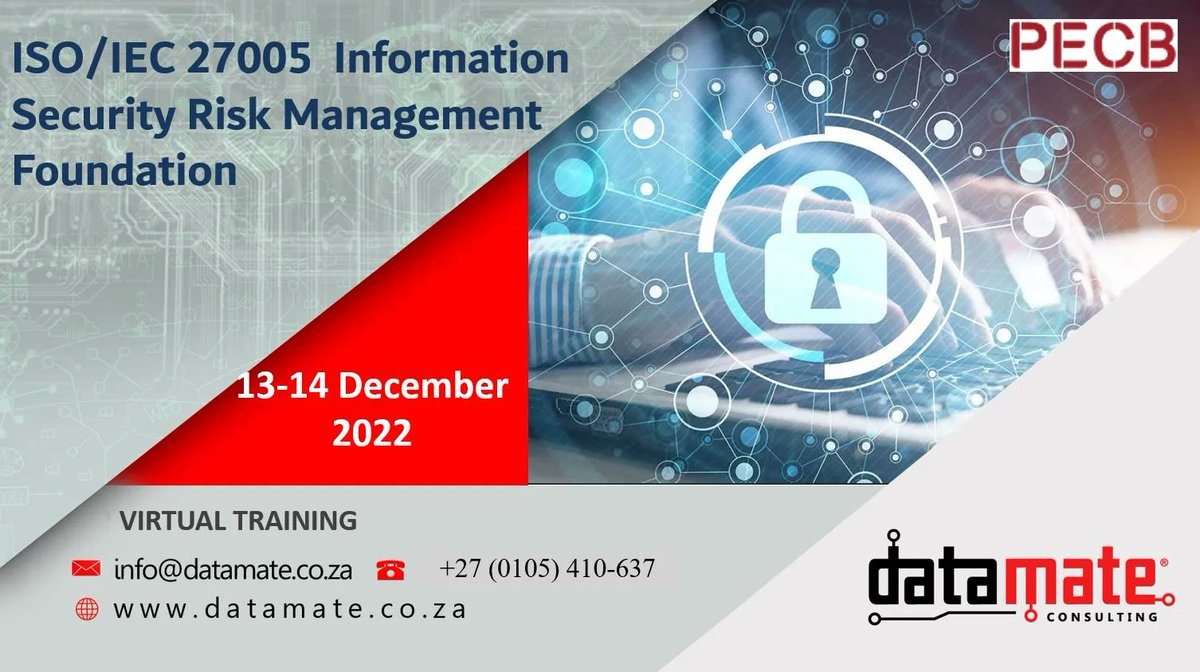 datamatesa's tweet photo. The ISO/IEC 27005 Information Security Risk Management Foundation gives an overview of the fundamentals in the area of information security management systems.
For more:
Visit Now: https://t.co/6mPONeGXx4
CALL:+27 (0105) 410-637 
#securityrisk https://t.co/0wEH4t3at8