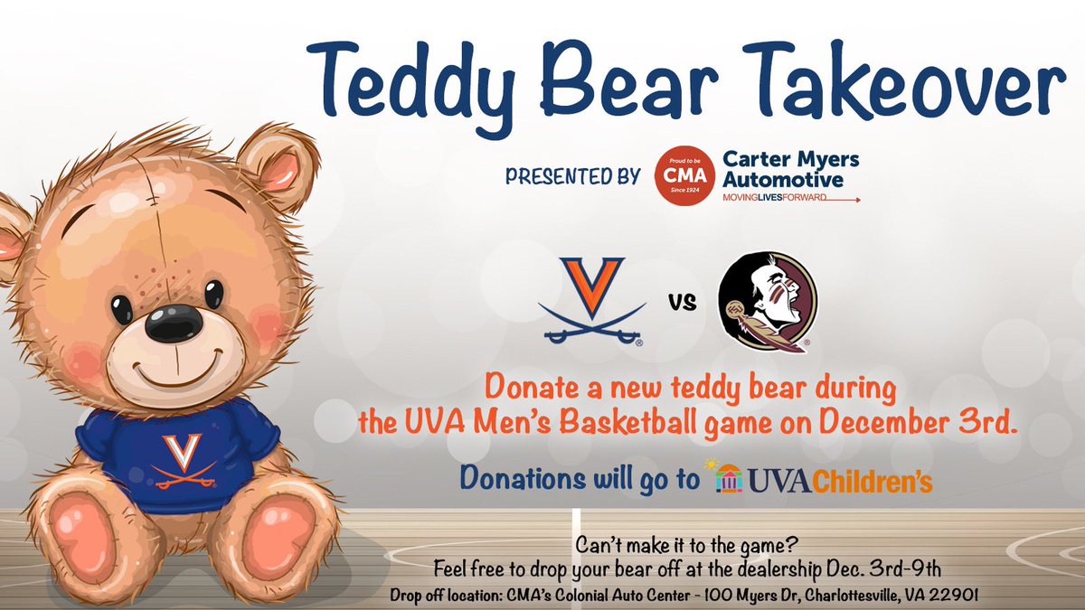 VirginiaSports's tweet photo. 🐻 Teddy Bear Takeover! 🐻
Coming to the @UVAMenshoops game on Saturday? Bring a new teddy bear to the Carter Myers Automotive table at the West entrance of JPJ. All donations will go to the UVA Children’s Hospital. 🔶⚔️🔷#GoHoos | #Hoosgiveback | #MovingLivesForward https://t.co/2kki7iRyXj