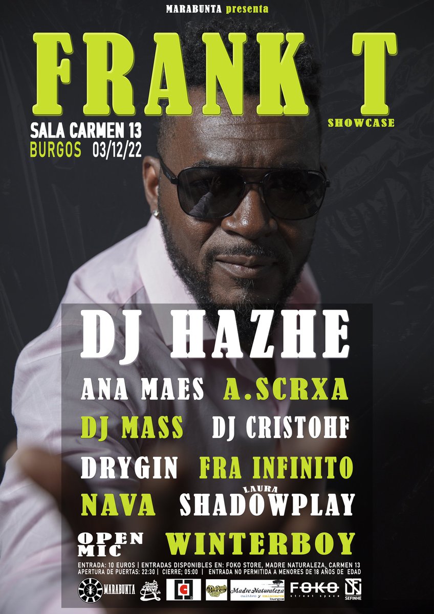 Este Sábado Burgooos !!🔥🚨
<a href="/FranklinTshimin/">Frank T</a>
<a href="/hazhe1/">H.A.Z.H.E.</a> 
Y muuuucho más!! 
Sala Carmen 13 desde las 22:30 apertura de puertas. ⏰️