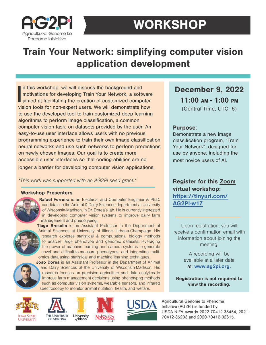 AG2PI's tweet photo. 🗓️Join the next #AG2PI virtual workshop to learn how to Train Your Network for image classification, designed for non-expert users who want to harness AI in their research. Led by @jrrdorea @tgbresolin &amp; Raphael Ferreira.

Register at https://t.co/rWJ1jjWwnA https://t.co/fesv7XPzJP
