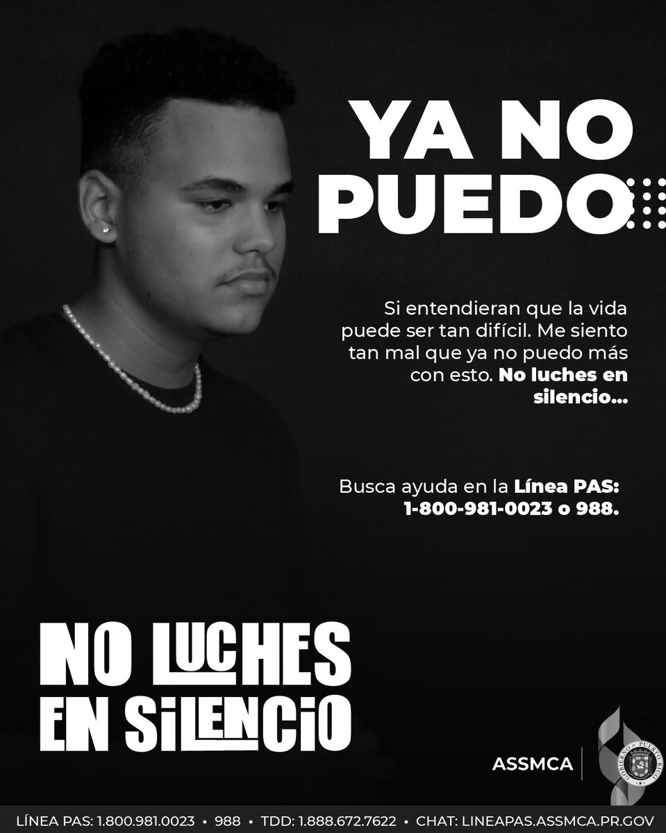 ASSMCAonline's tweet photo. Si sientes que ya no puedes más con las situaciones, es momento de buscar ayuda. Contacta a la #LineaPAS de #ASSMCA 1-800-981-0023, 9-8-8, TDD 1-888-672-7622 o el chat https://t.co/MTqo6S4AXQ  #NoLuchesEnSilencio https://t.co/hicIecKs8D