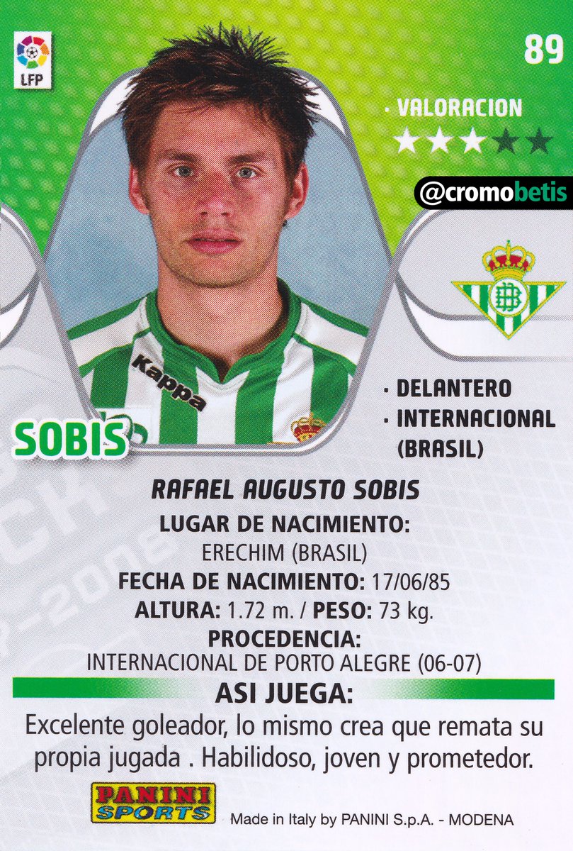 SOBIS Temp. 07/08 (Megacracks) // Un gol en el Camp Nou grabado en la retina #CromoBetis 
<a href="/rafaelsobis/">Rafael Sobis</a> <a href="/ColeccionBetis/">Asoc. Coleccionismo Bético Carmelo Navarro</a>