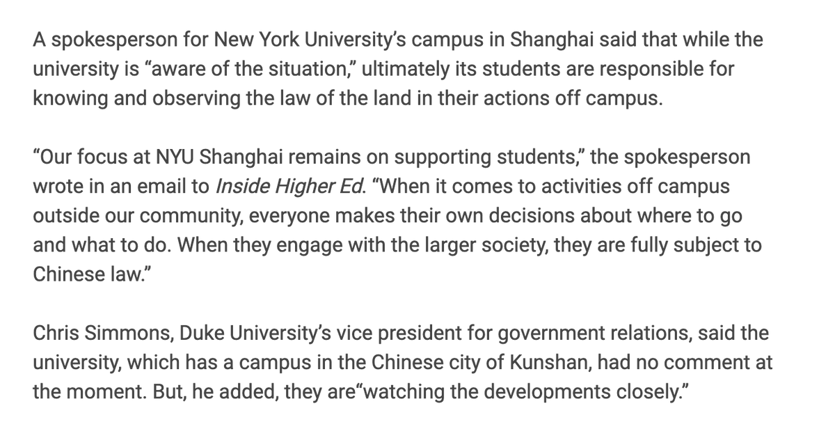sarahemclaugh's tweet photo. Responses from NYU Shanghai and Duke Kunshan to the protests in China.

NYU: When students "engage with the larger society, they are fully subject to Chinese law.”

Duke: no comment, but "watching the developments closely.”
 https://t.co/rRDZITuhec https://t.co/sp0HMb3NUo