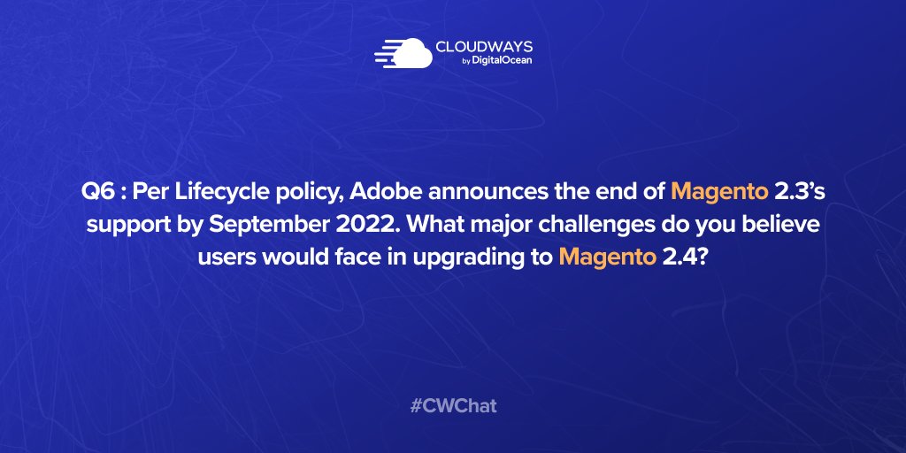 Q.6: Per Lifecycle policy, Adobe announced the end of #Magento 2.3’s support by September 2022. What major challenges do you believe users will face in upgrading to Magento 2.4? <a href="/OleksKravchuk/">Oleksandr Kravchuk</a> 

#CWChat