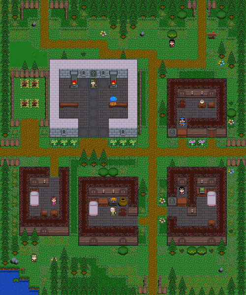 Last changes on the starting village, IG.
Added candlelights then placed outlines on grey pillars, wooden houses (brown ones) and on bushes as well as some NPCs.

#ohrrpgce #Labrynthe #RPG #fantasy #gamedev #gamedevs #gamedevelopment #indiegame #indiegamedev #retrogame #pixelart