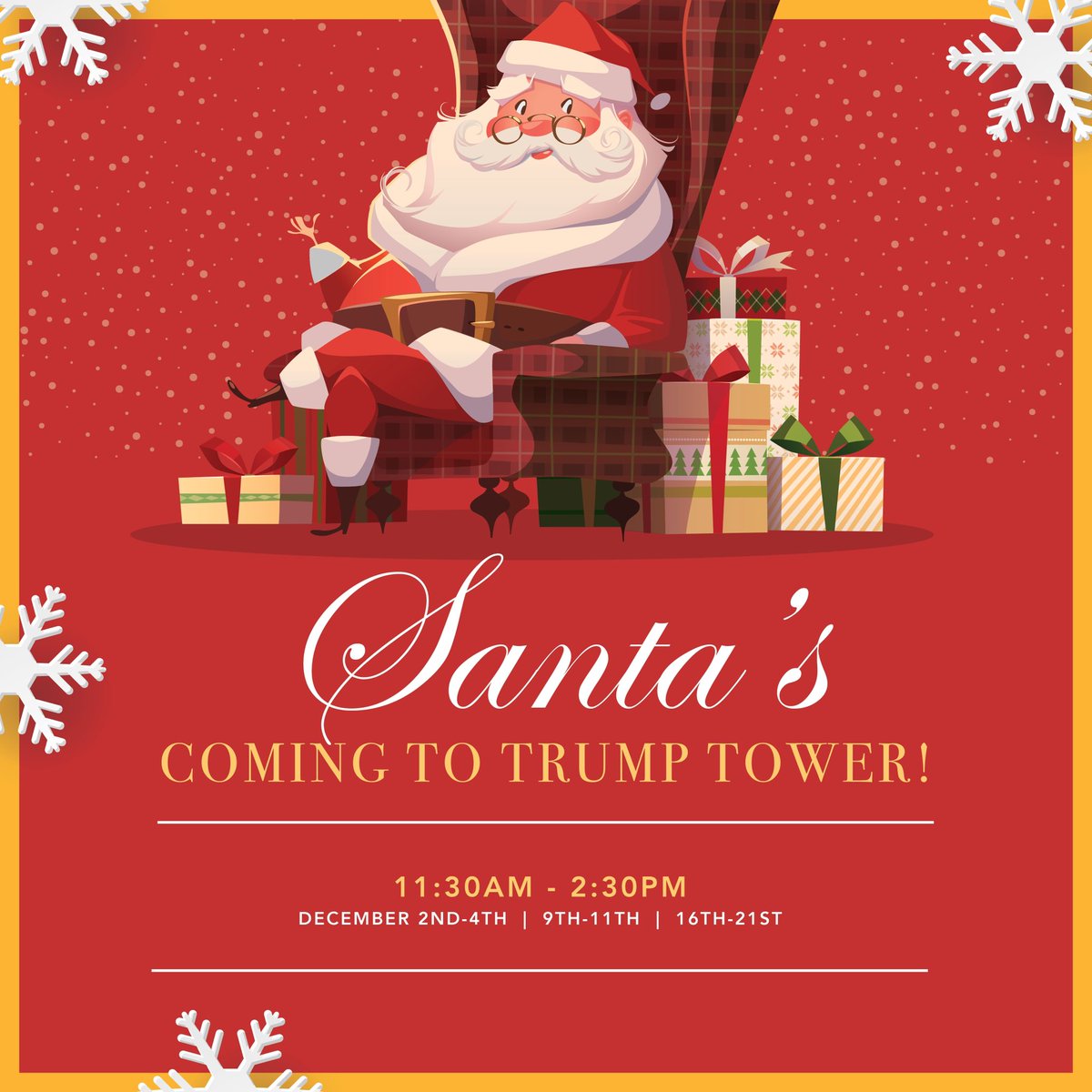 TrumpTower's tweet photo. Santa Claus is coming to Trump Tower! Come see us and get your picture taken this Friday through Sunday (12/2-12/4) from 11:30 AM to 2:30 PM. If you can't join us this weekend, stop by on the 9th-11th or 16th-21st as Santa returns to spread more holiday cheer!🎅 https://t.co/WfyJLA8Nk3